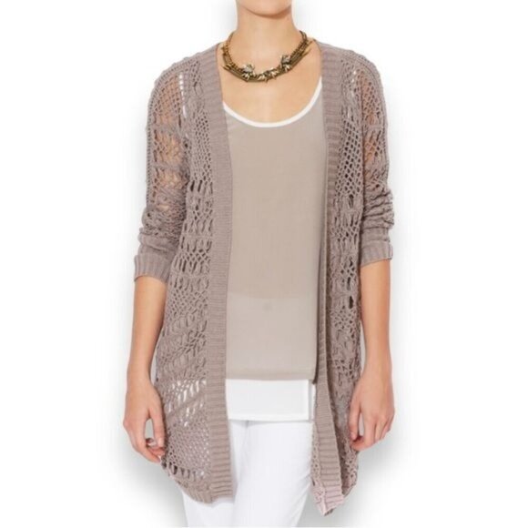 NWT GOLD HAWK Crochet Cardigan Sz.S Tan Open Front Knit 100% Cotton Cottage - Picture 1 of 12